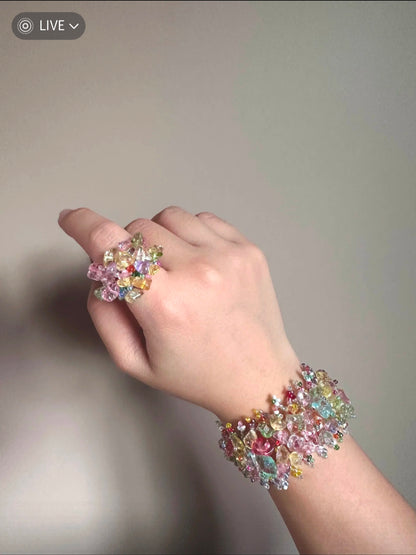 Spring/Summer "Dopamine-style" colorful woven bracelet featuring faux crushed-stone crystals—a sweet, unique, and stylish accessory.